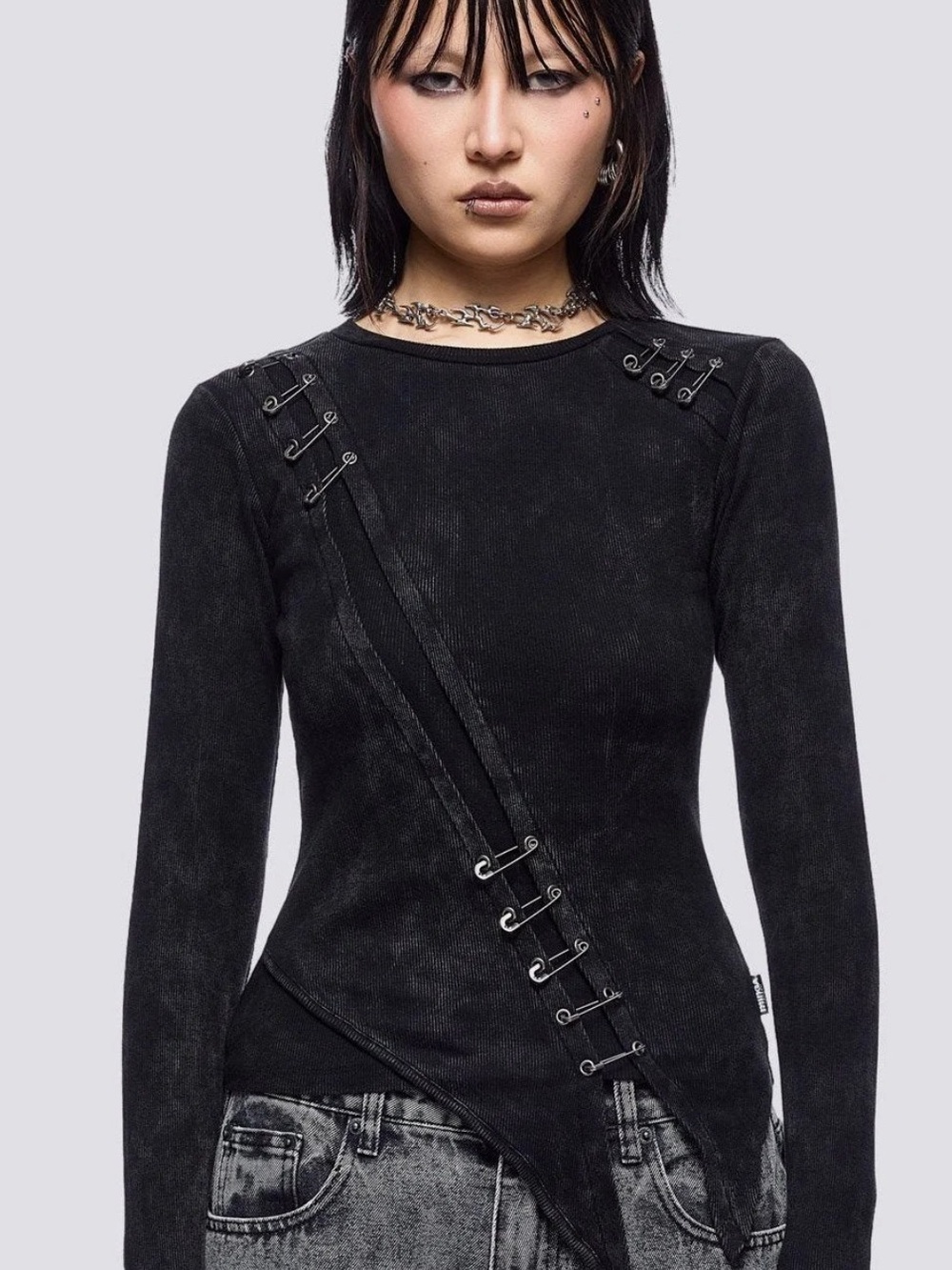 Asymmetrical Black Long-Sleeve Top with Hardware Detailing GOTH punk